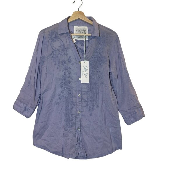 Kyla Seo Anthropologie Blouse Shirt Top Embroidered Small Purple Floral V Neck - Picture 2 of 12
